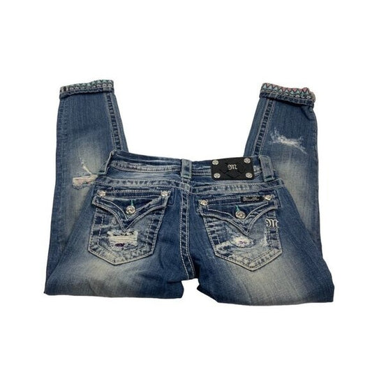 Miss Me Cropped Jeans Sz 24 Aztec Embroidered Cuff Bling Pockets