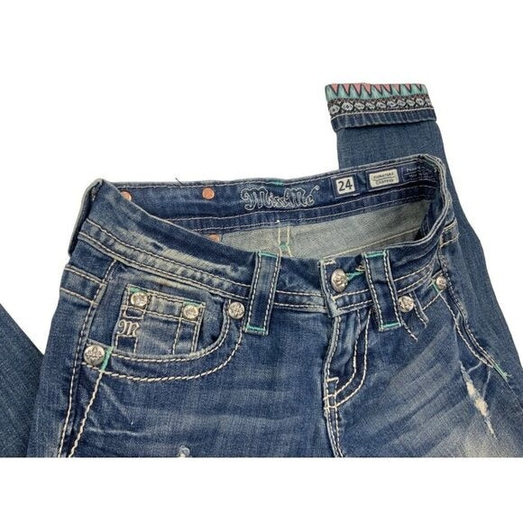 Miss Me Cropped Jeans Sz 24 Aztec Embroidered Cuff Bling Pockets