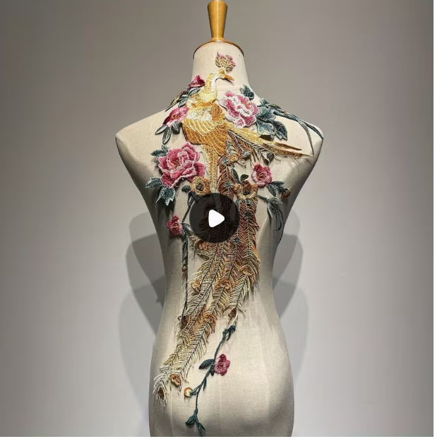 Golden peacock and rose embroidered statement applique