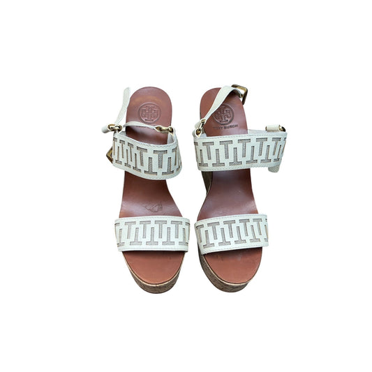 Tory Burch White Cutout Logo Wedge Sandals Leather Platform Summer  Sz 11M