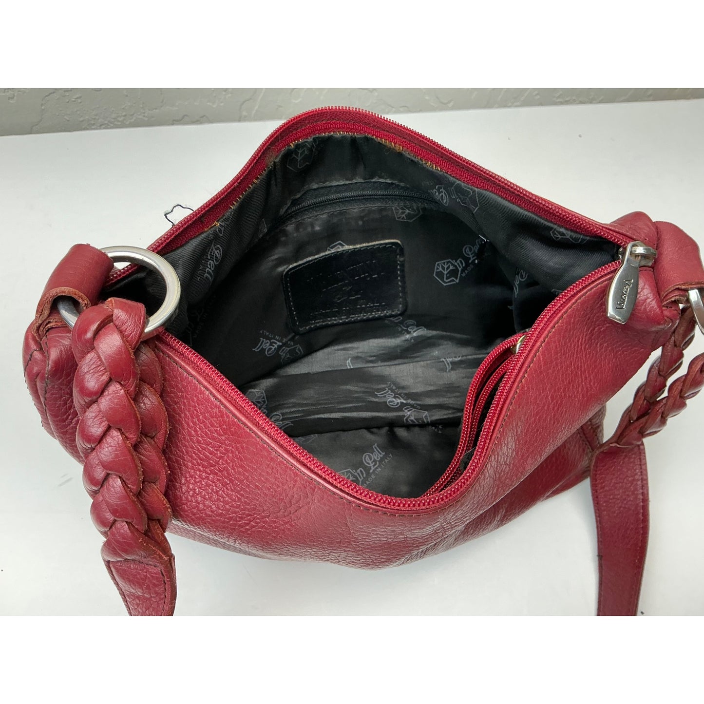 Valentina Red Leather Shoulder Bag Braided Strap Slouchy Hobo Purse