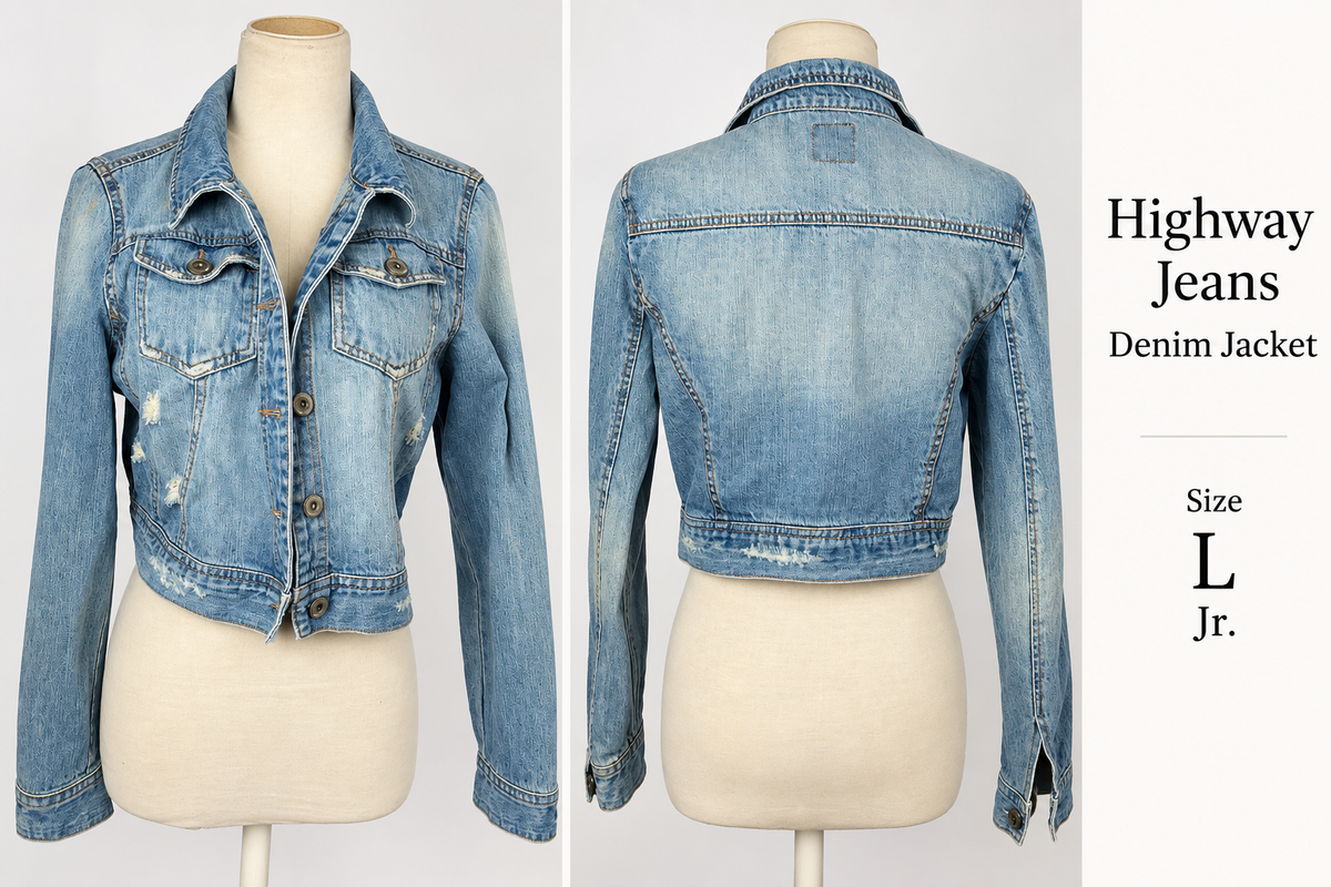 Highway Jeans distressed light wash denim jacket size L Jr front and back