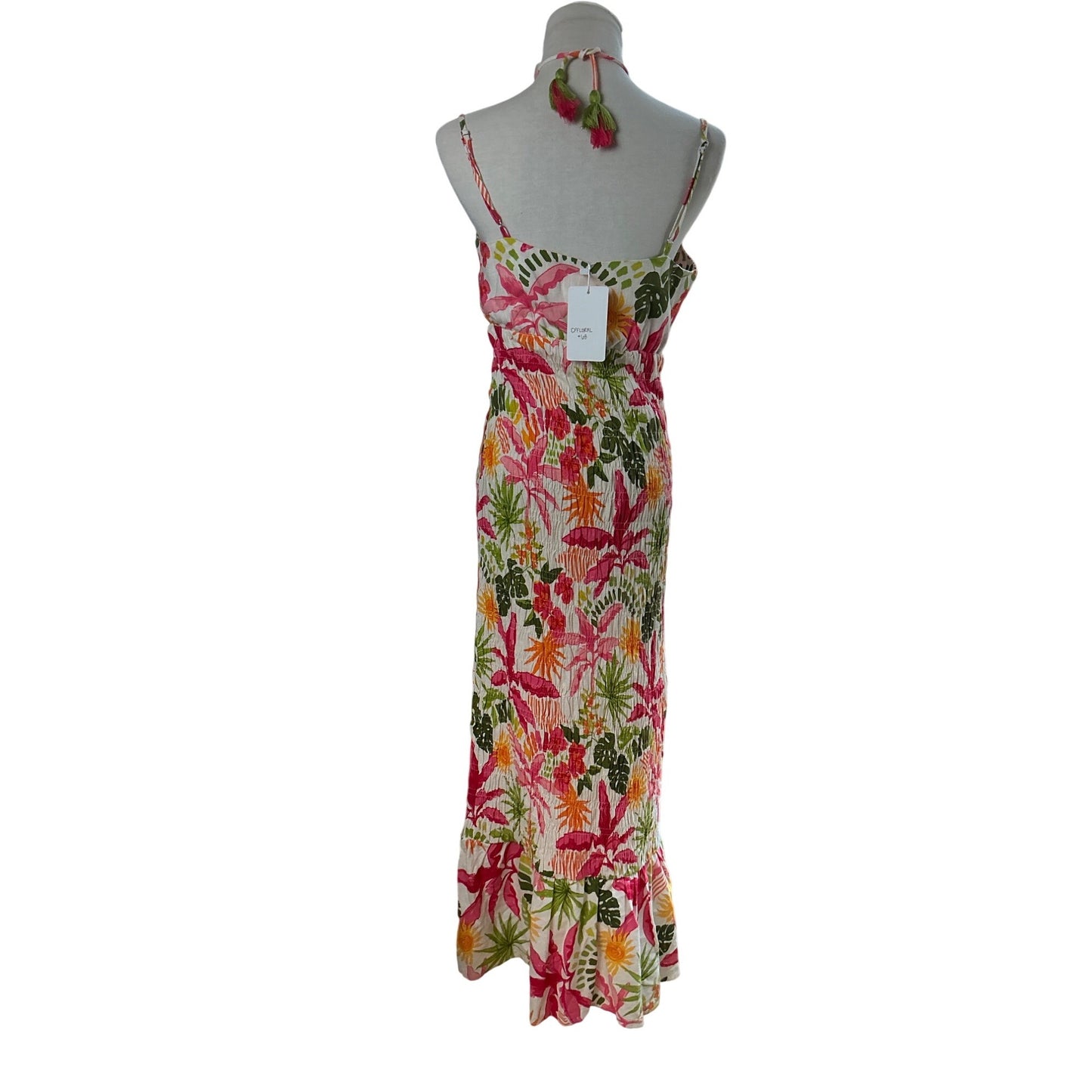 NWT FATE Tropical Floral Maxi Dress Smocked Bodice Ruffle Hem Sz S