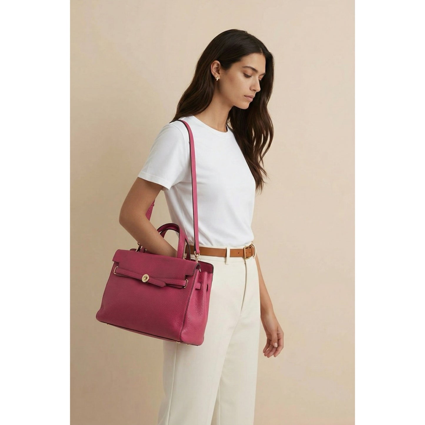 Nanette Lepore Pink Pebbled Leather Satchel Crossbody Bag Top Handle Gold Hardware