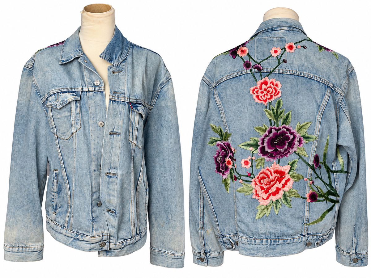Levi’s floral vine embellished denim jacket size L front and back on white background