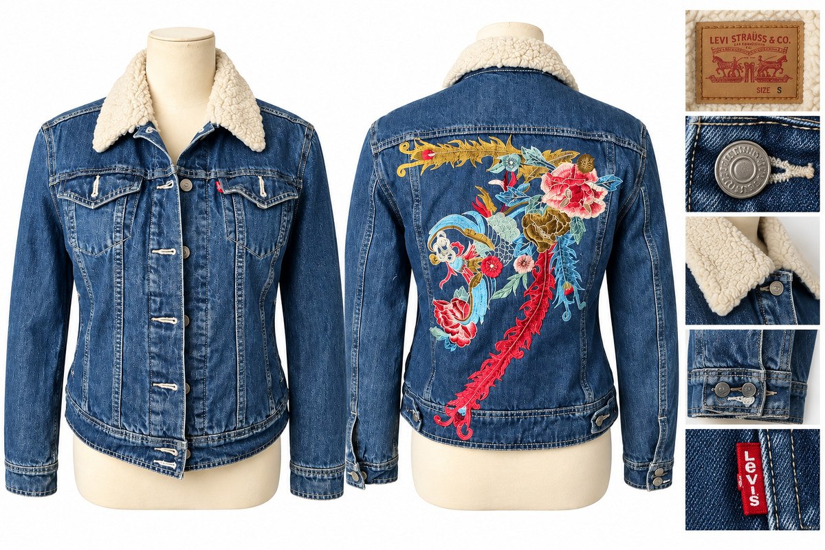 Levi’s floral embroidered sherpa collar denim jacket Size S front and back
