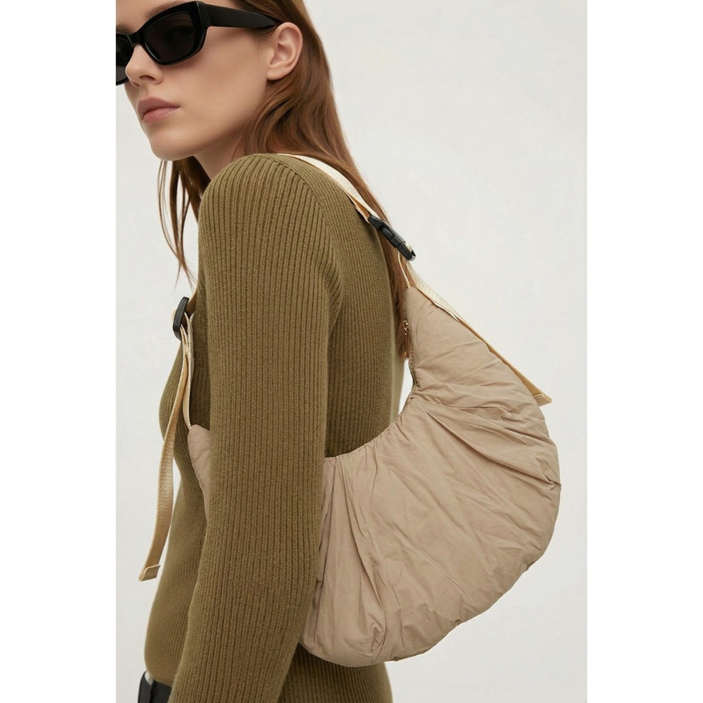 Beige Puffer Shoulder Bag Quilted Oversized Lightweight Slouchy Tote OS