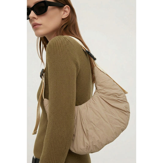 Beige Puffer Shoulder Bag Quilted Oversized Lightweight Slouchy Tote OS