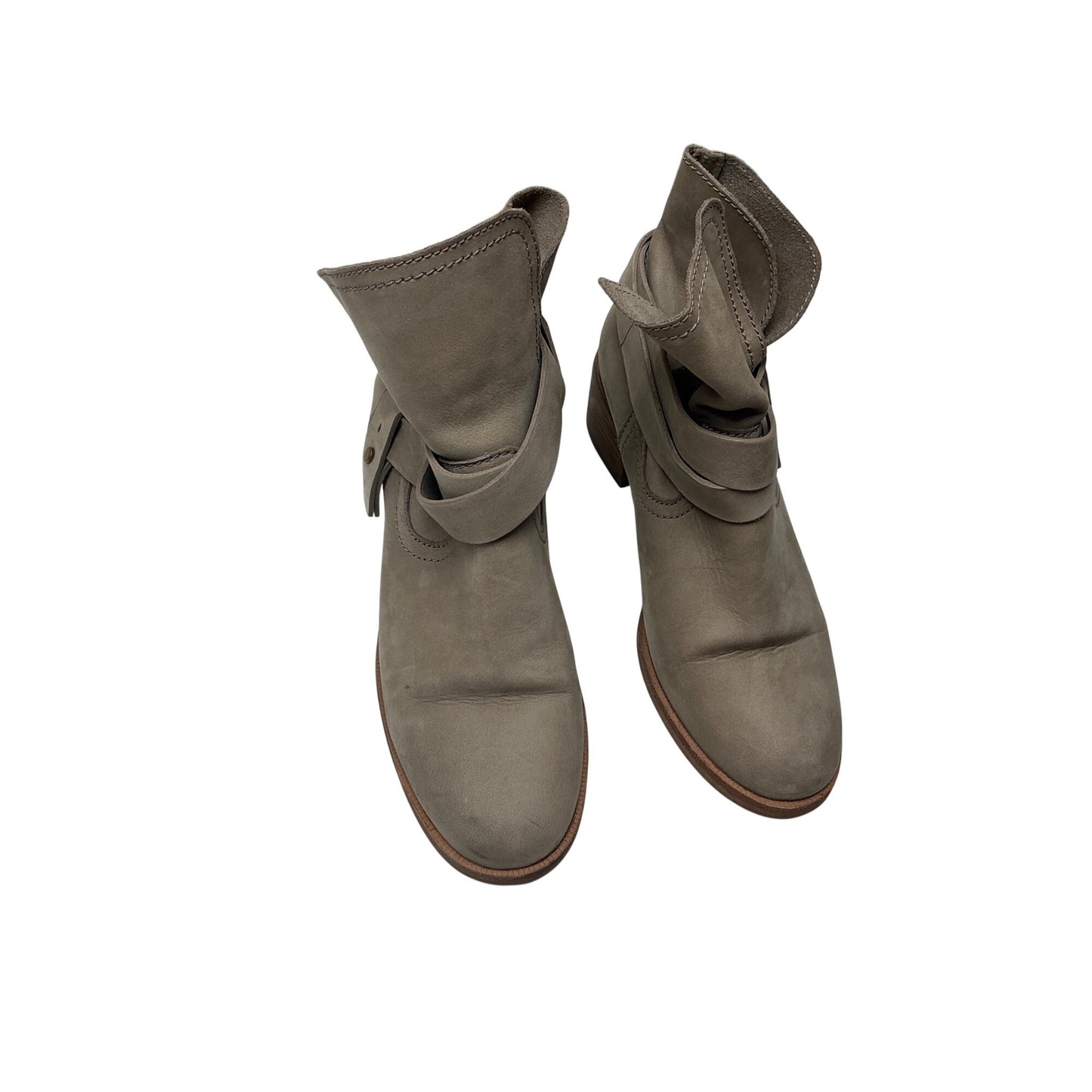 UGG Australia Leather Ankle Boots Taupe Wrap Strap Stacked Heel Size 6.5