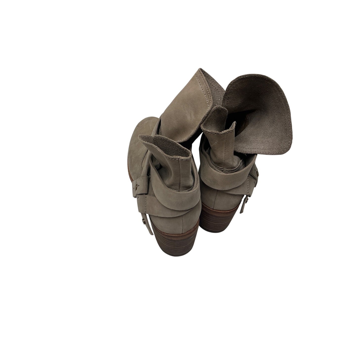 UGG Australia Leather Ankle Boots Taupe Wrap Strap Stacked Heel Size 6.5