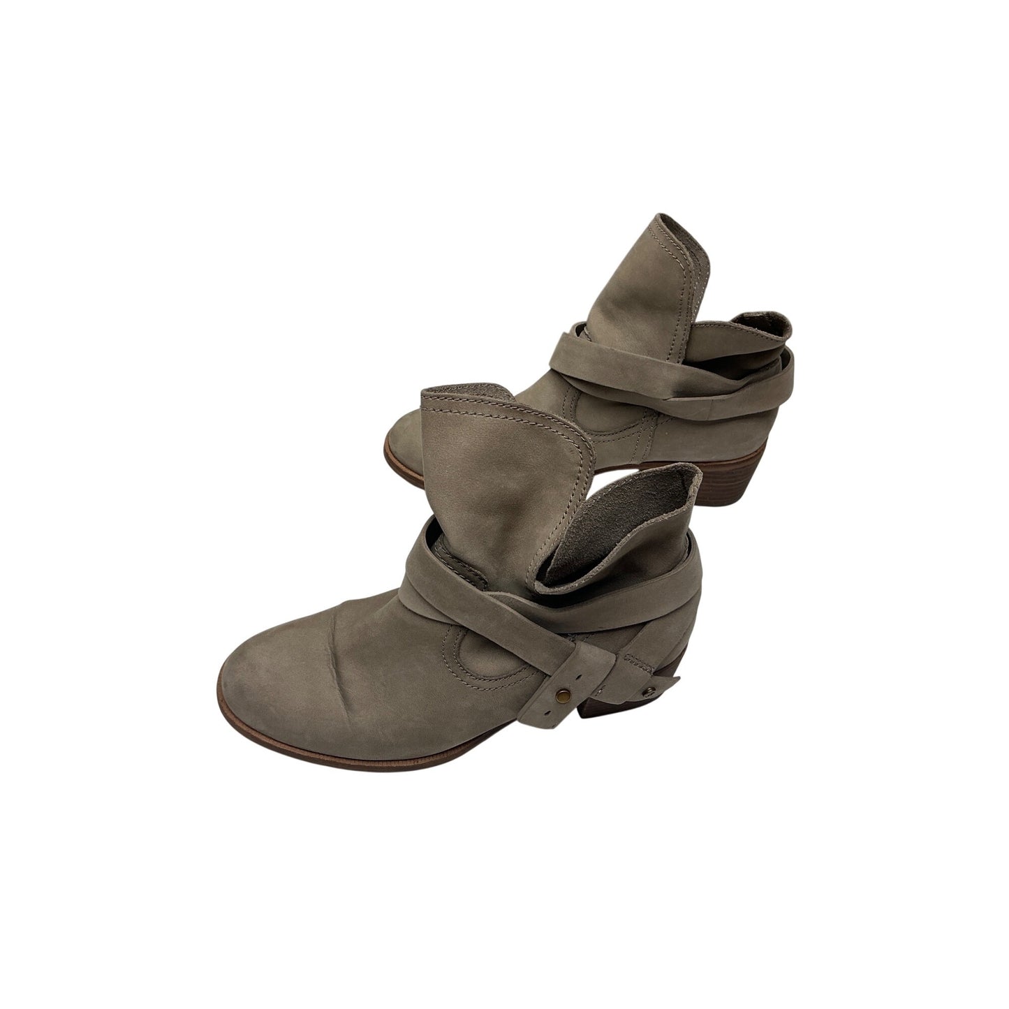 UGG Australia Leather Ankle Boots Taupe Wrap Strap Stacked Heel Size 6.5