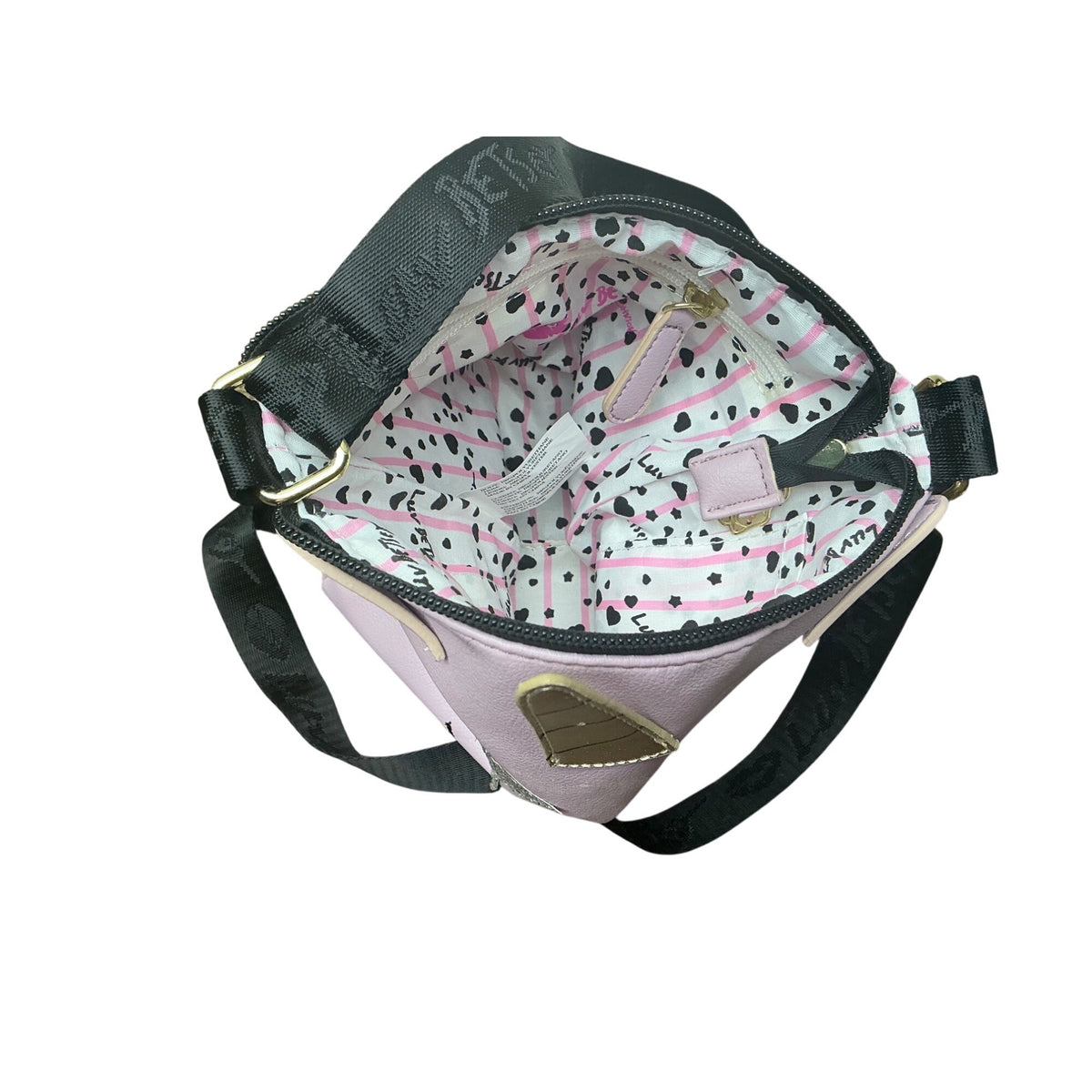 Betsey Johnson Lavender Printed Crossbody Bag Small Shoulder Purse Black Trim