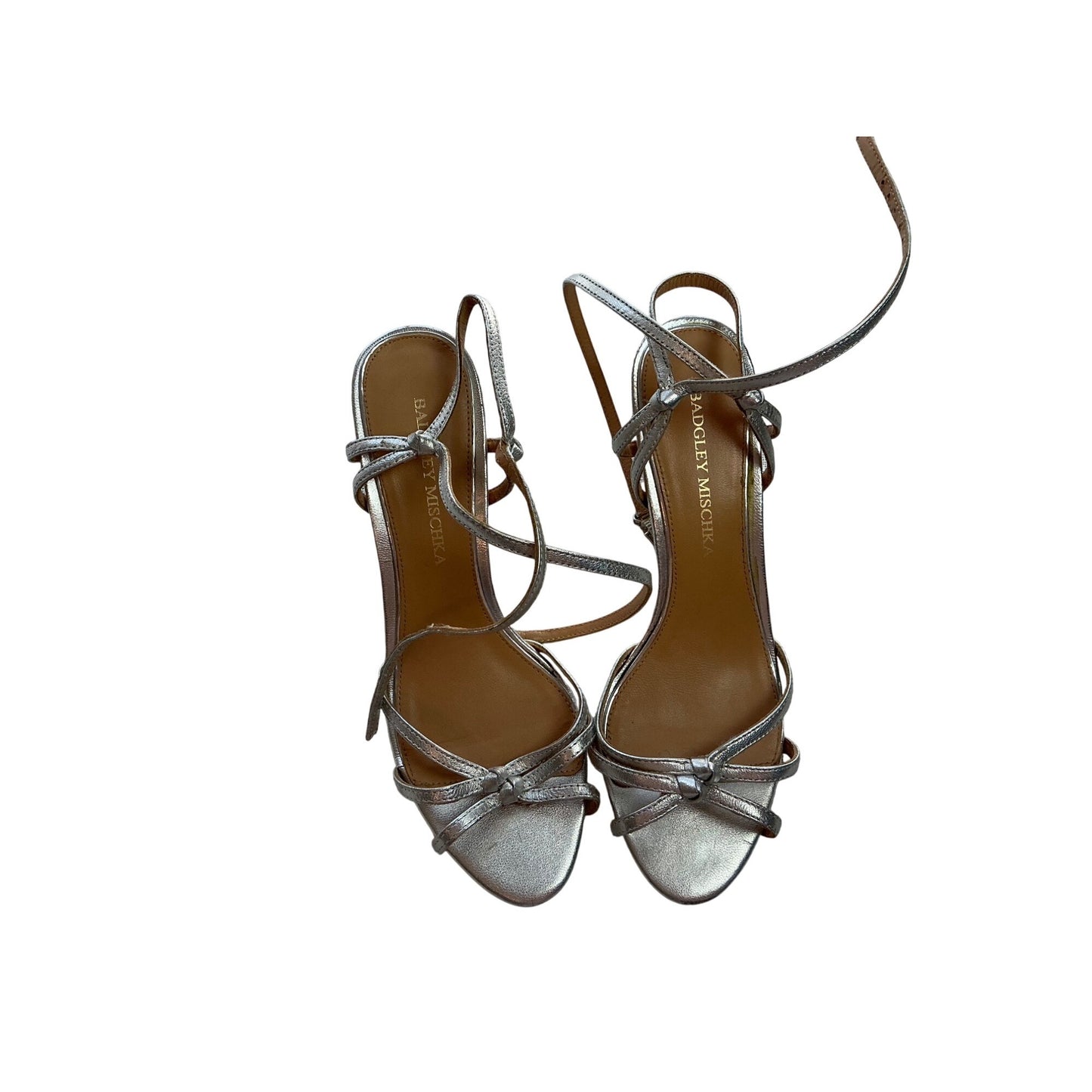 Badgley Mischka Silver Strappy Heels Ankle Wrap Sandals Evening Formal Women’s Size 6.5