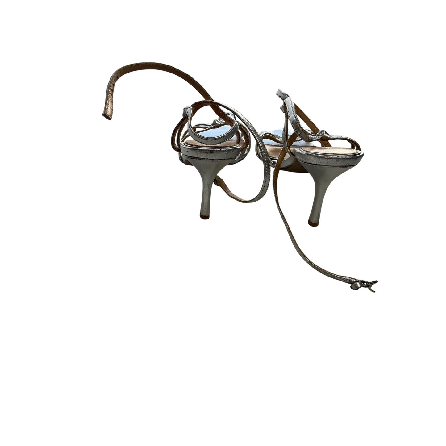 Badgley Mischka Silver Strappy Heels Ankle Wrap Sandals Evening Formal Women’s Size 6.5