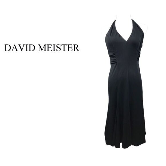 David Meister Black Halter Formal Gown with Ruched Waist  SZ 2