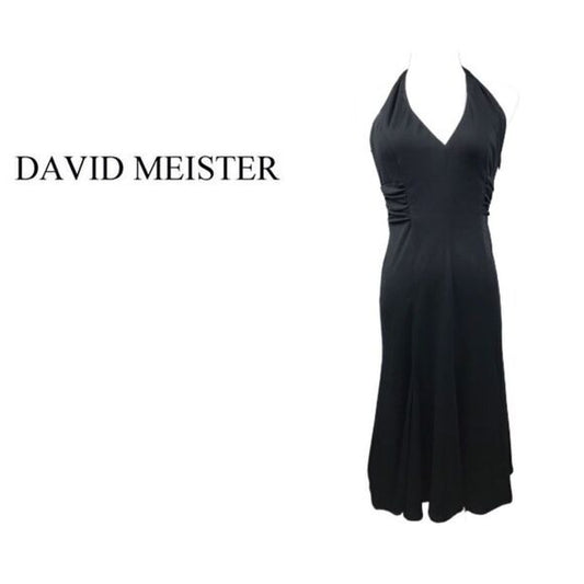 David Meister Black Halter Formal Gown with Ruched Waist  SZ 2