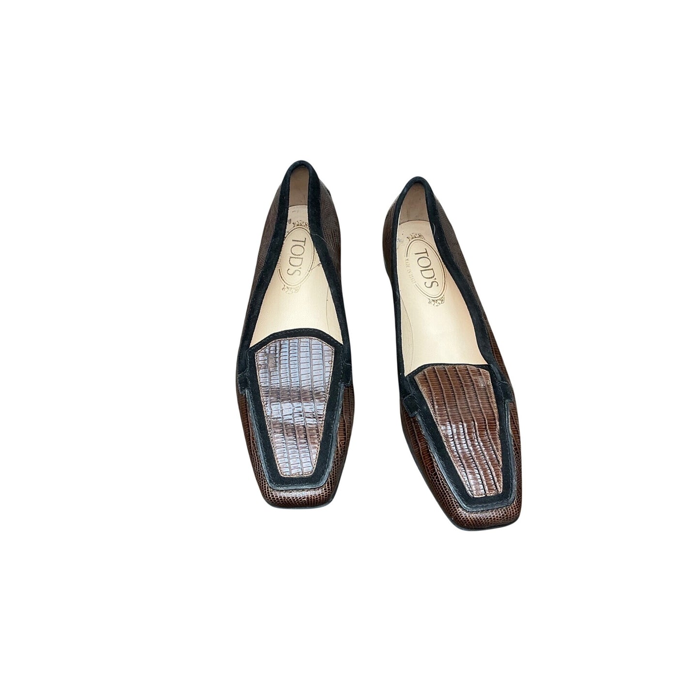 Tod’s Brown Black Lizard Embossed Leather Loafers Womens Slip On Italy Size 37.5