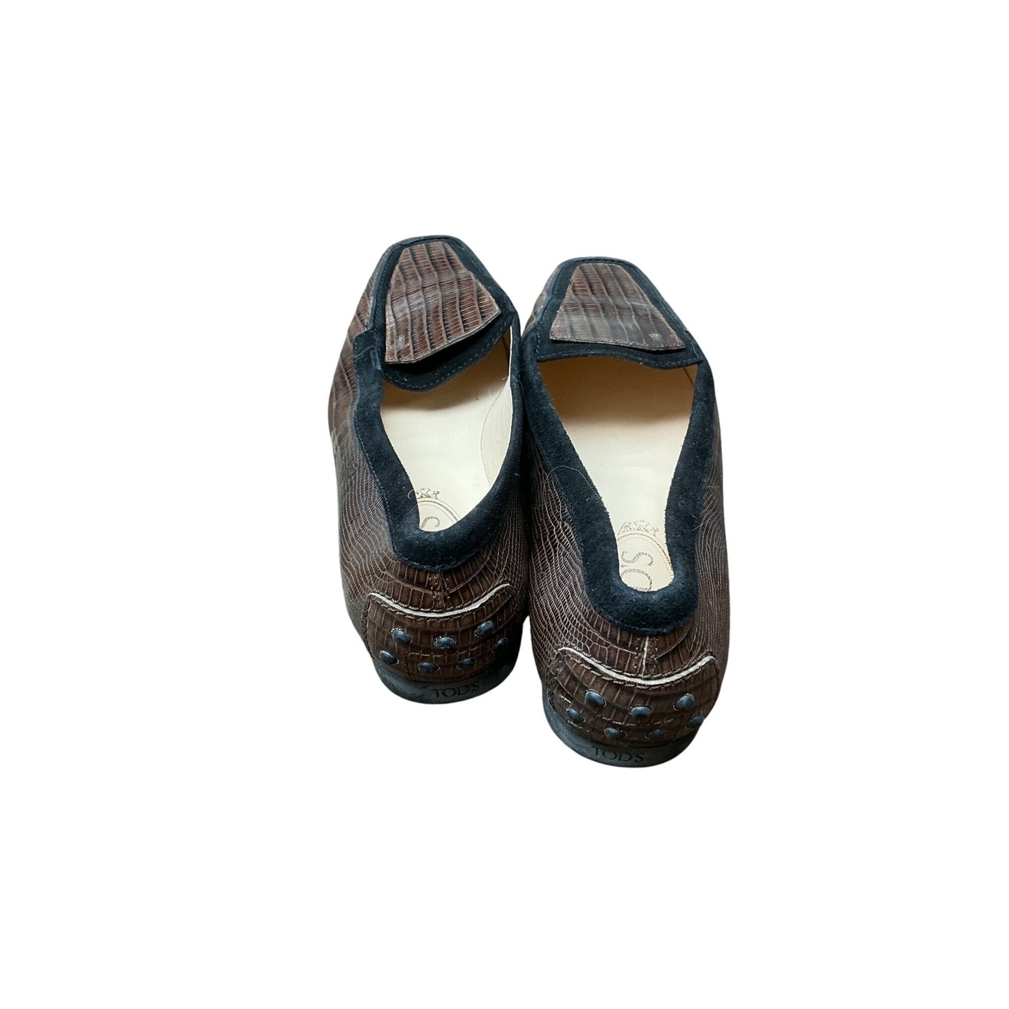 Tod’s Brown Black Lizard Embossed Leather Loafers Womens Slip On Italy Size 37.5
