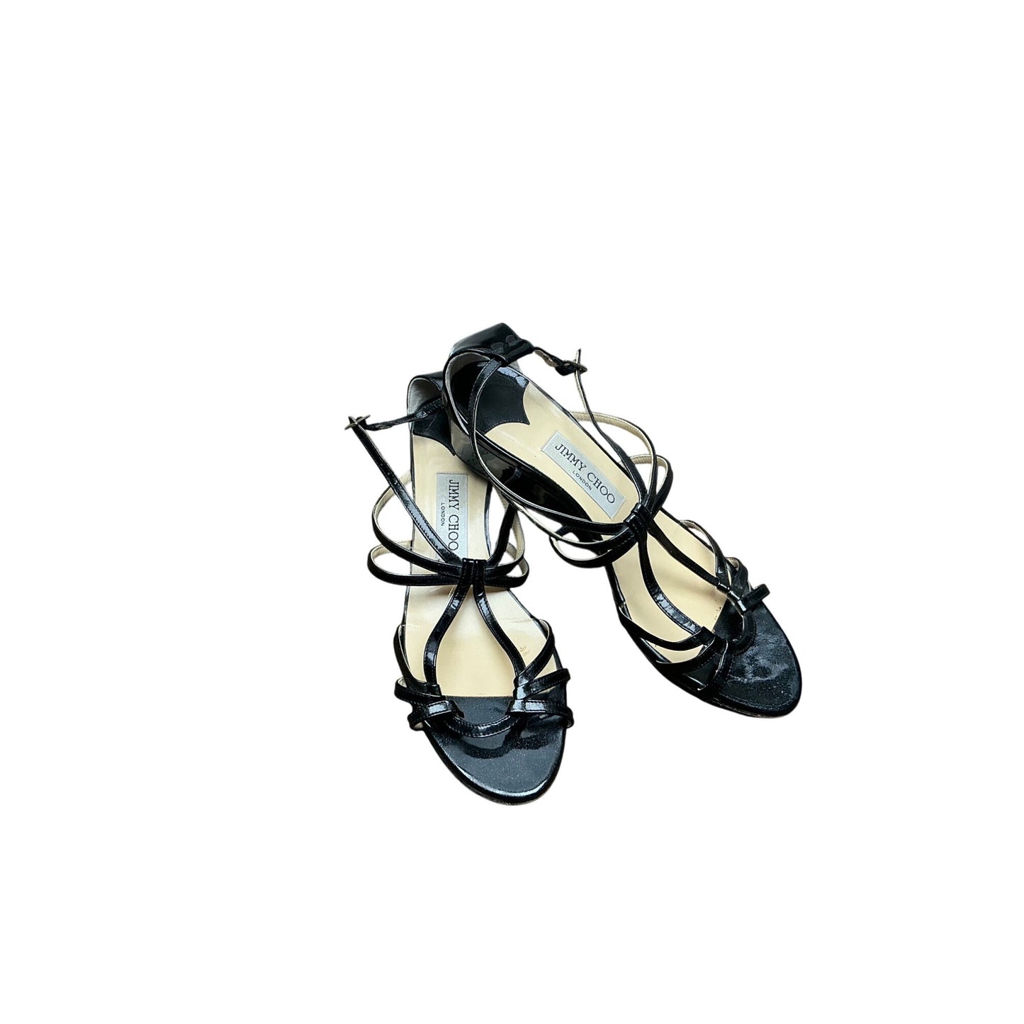 Jimmy Choo Black Patent Leather Strappy Stiletto Sandals Ankle Wrap Heels Sz 39.5