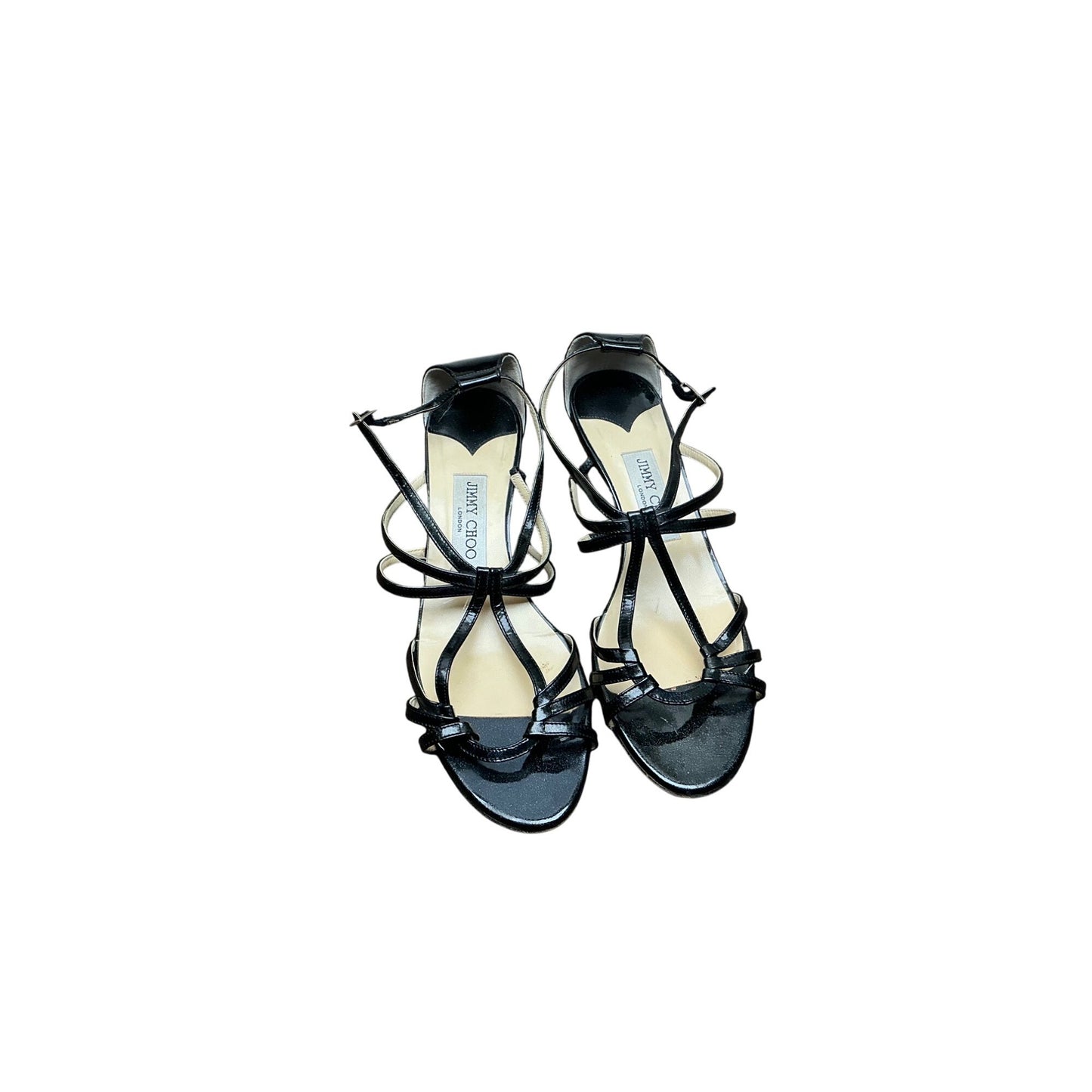 Jimmy Choo Black Patent Leather Strappy Stiletto Sandals Ankle Wrap Heels Sz 39.5