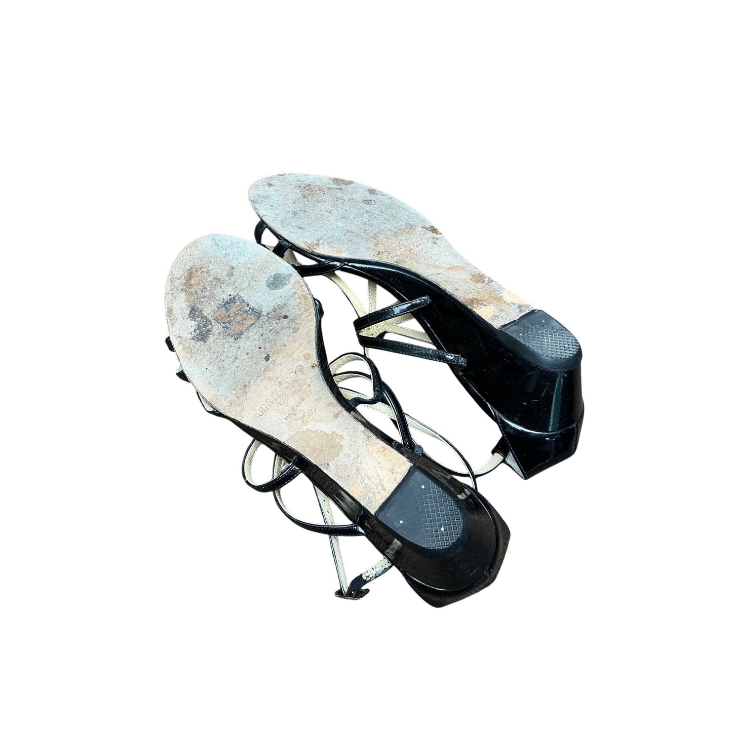 Jimmy Choo Black Patent Leather Strappy Stiletto Sandals Ankle Wrap Heels Sz 39.5