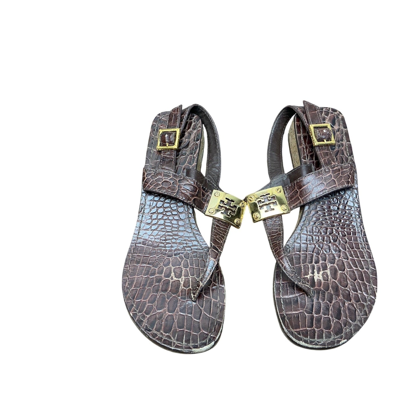 Tory Burch Brown Croc Embossed Thong Sandals Gold Logo Size 7M