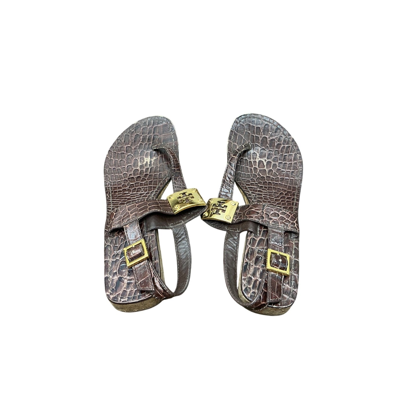 Tory Burch Brown Croc Embossed Thong Sandals Gold Logo Size 7M