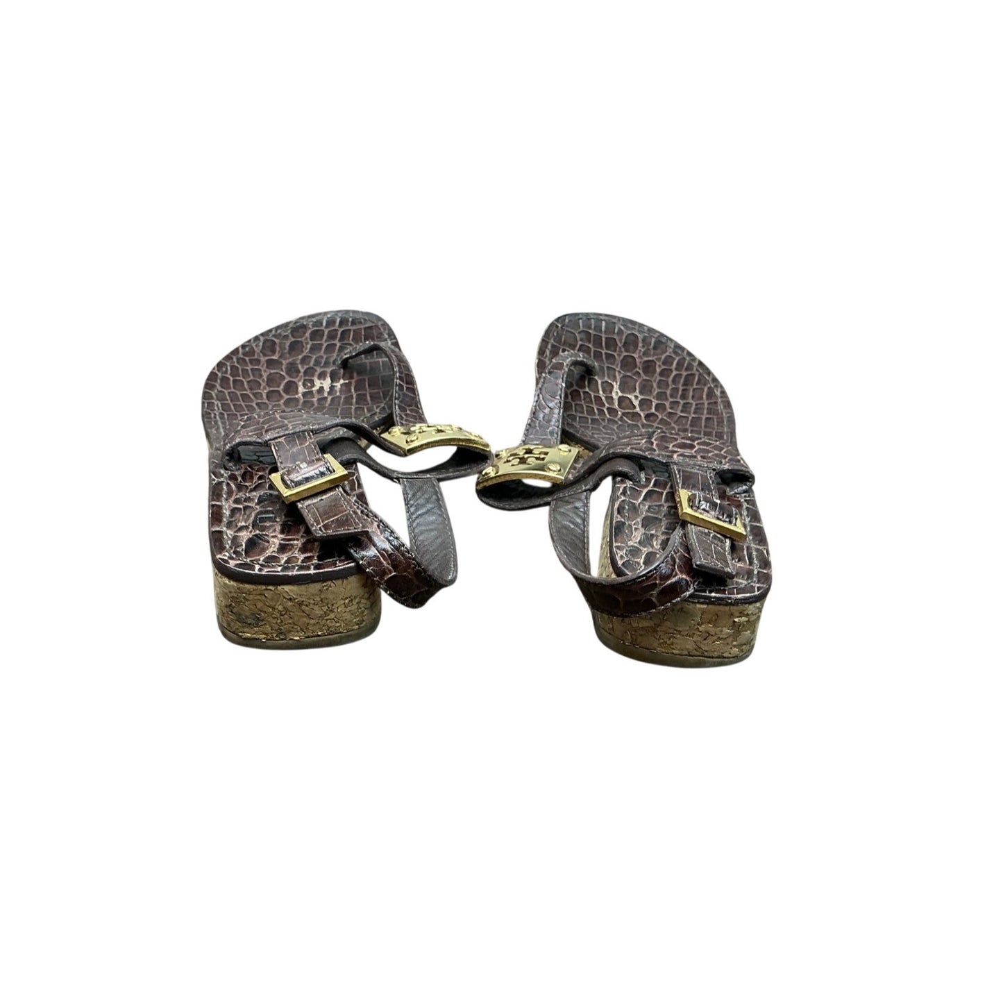 Tory Burch Brown Croc Embossed Thong Sandals Gold Logo Size 7M