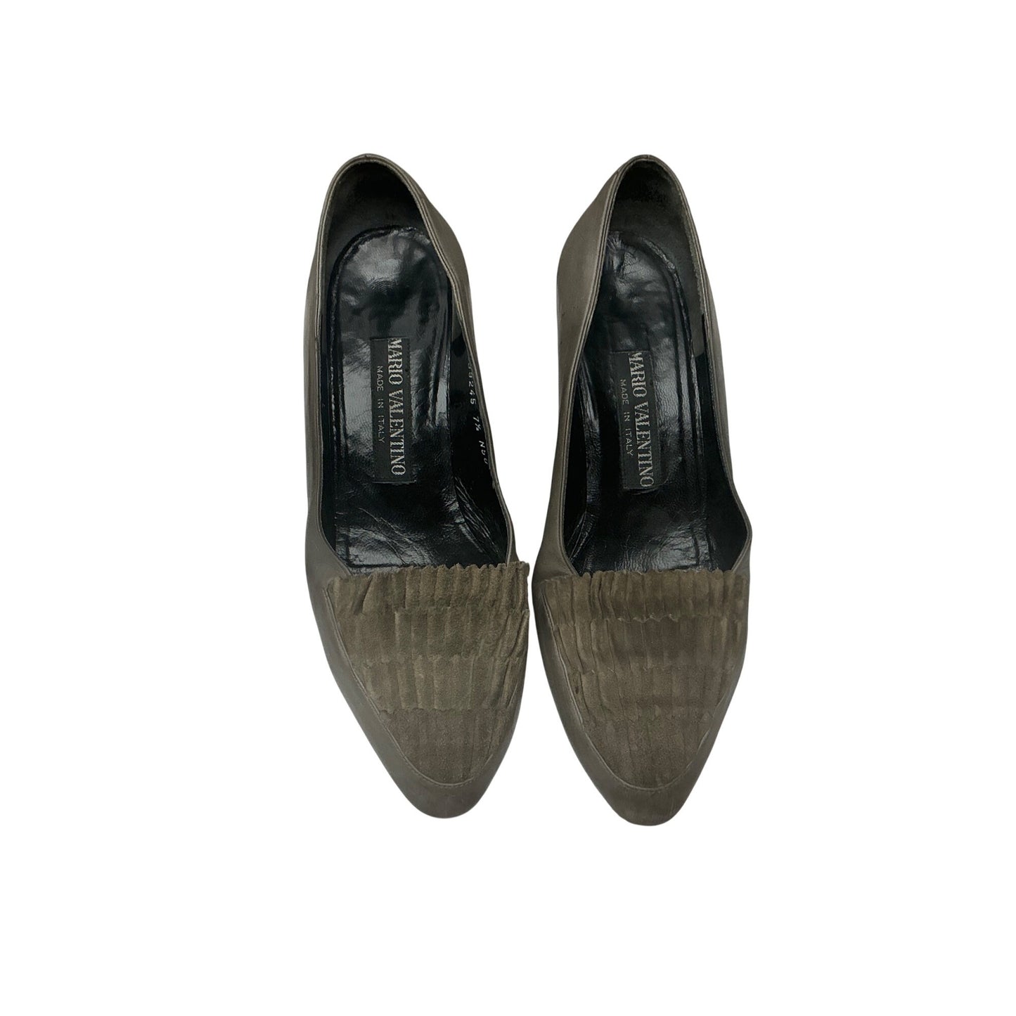 Mario Valentino Italy Vintage Leather Pumps Taupe Olive Pleated Toe Classic Heels Women’s Size 7.5