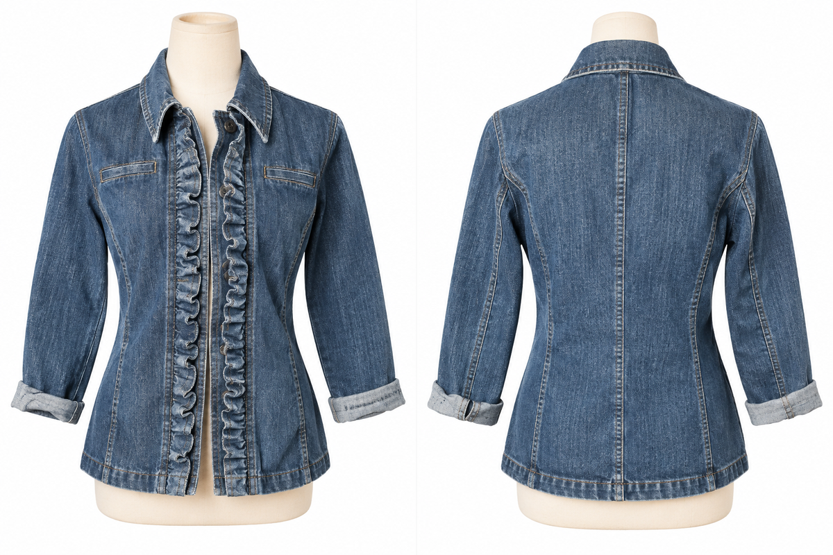 R&K ruffle front denim jacket size small front and back