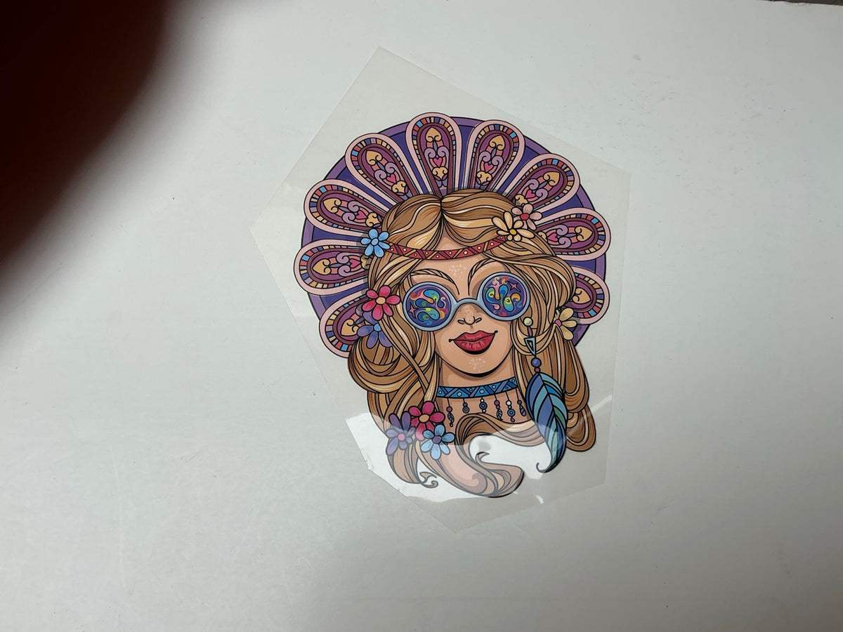 Retro boho flower child woman with round glasses flowers and feather statement embellishment