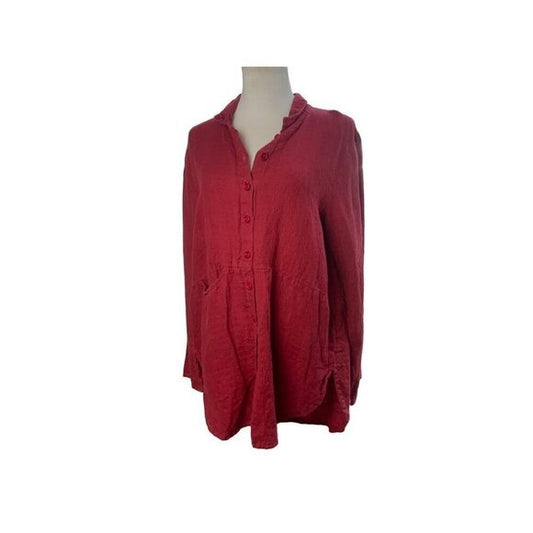 FLAX 100% Linen Cranberry Button Front Tunic Top with Pockets SZ S
