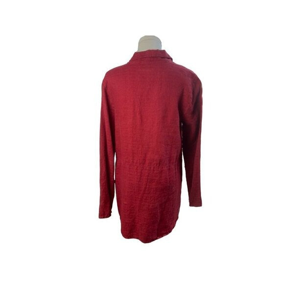 FLAX 100% Linen Cranberry Button Front Tunic Top with Pockets SZ S