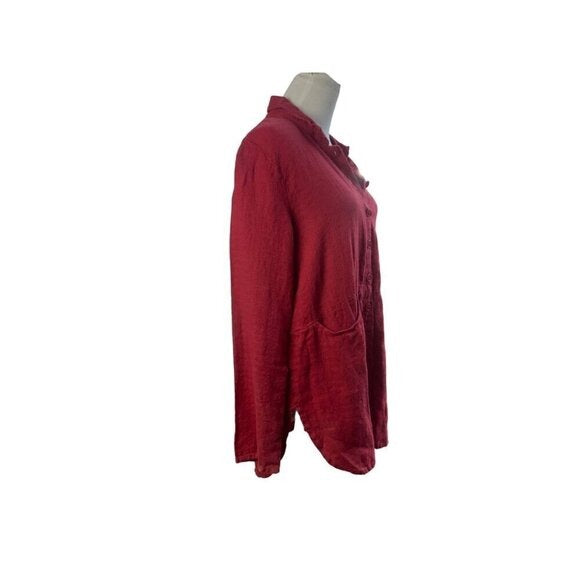 FLAX 100% Linen Cranberry Button Front Tunic Top with Pockets SZ S