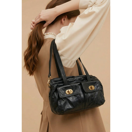 Badgley Mischka Black Leather Hobo Bag Slouchy Shoulder Purse Gold Hardware