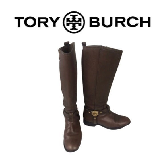 Tory Burch Brown Leather Riding Boots with Gold Logo Hardware‎