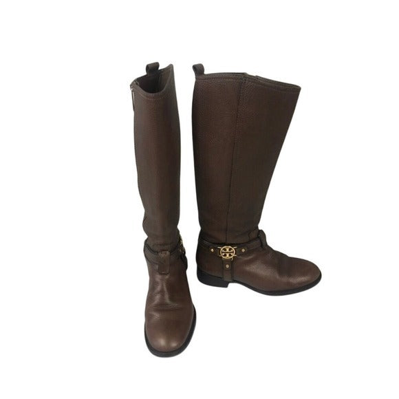 Tory Burch Brown Leather Riding Boots with Gold Logo Hardware‎