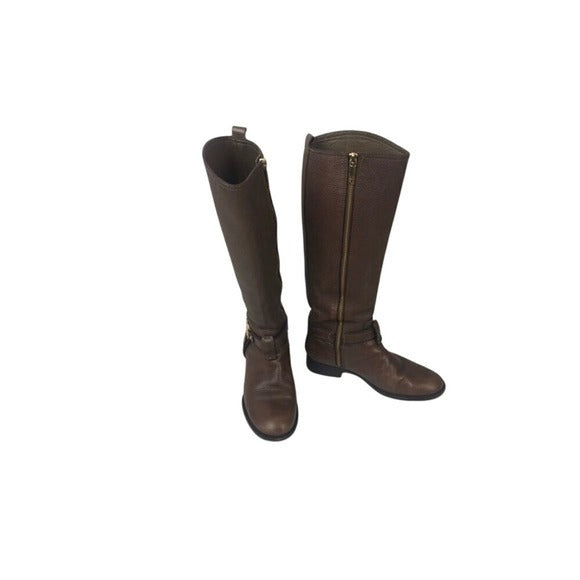 Tory Burch Brown Leather Riding Boots with Gold Logo Hardware‎