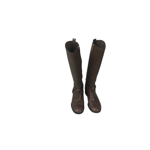 Tory Burch Brown Leather Riding Boots with Gold Logo Hardware‎