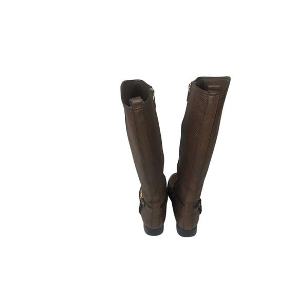 Tory Burch Brown Leather Riding Boots with Gold Logo Hardware‎