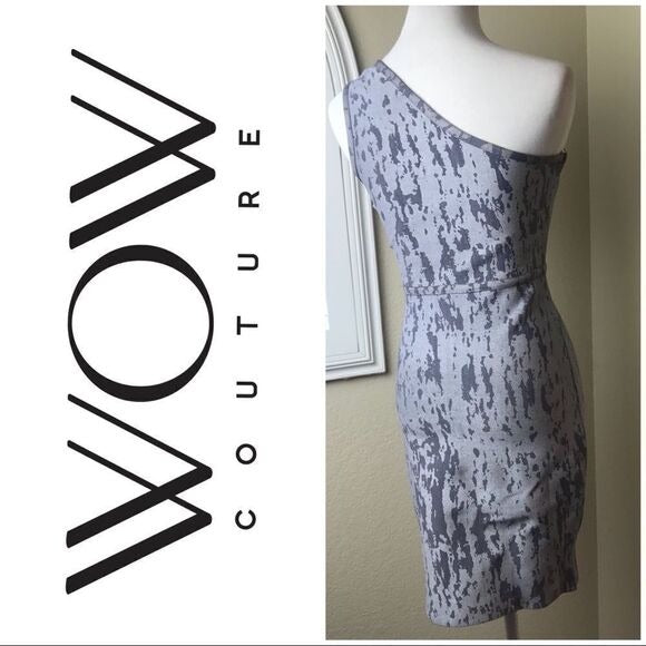 WOW Couture Gray One-Shoulder Bodycon Dress Abstract Print Sz