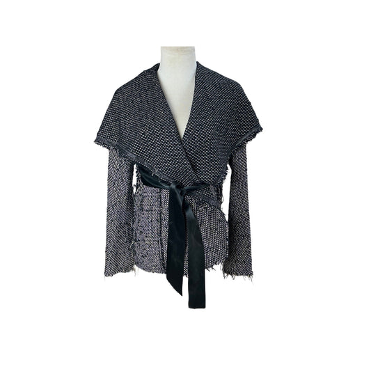 Black Bouclé Wool Blend Wrap Jacket Satin Tie Belt Textured Fringe Sz 3
