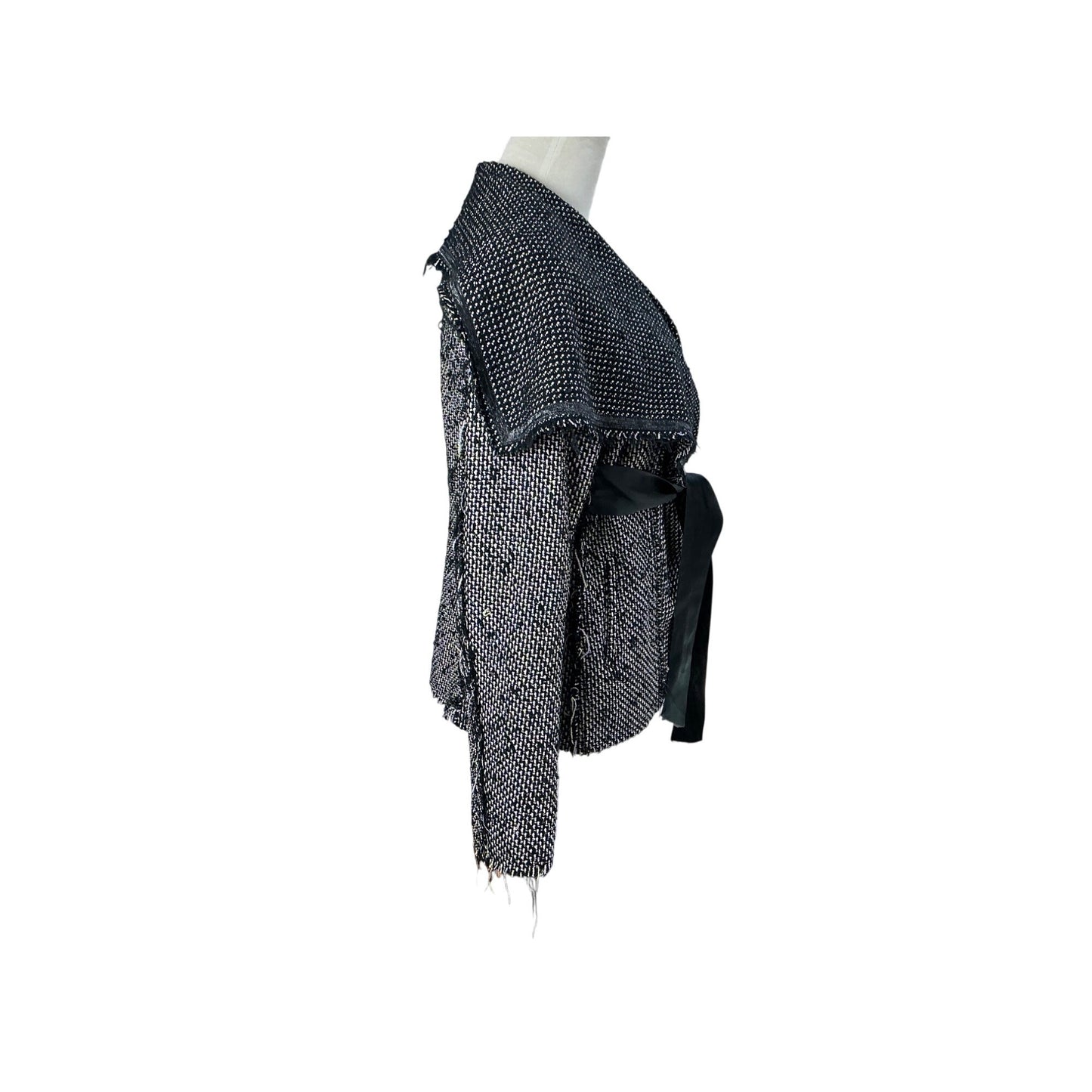 Black Bouclé Wool Blend Wrap Jacket Satin Tie Belt Textured Fringe Sz 3