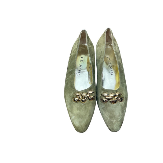 St. John Sage Green Suede Pointed Toe Flats Gold Chain Detail Size 8