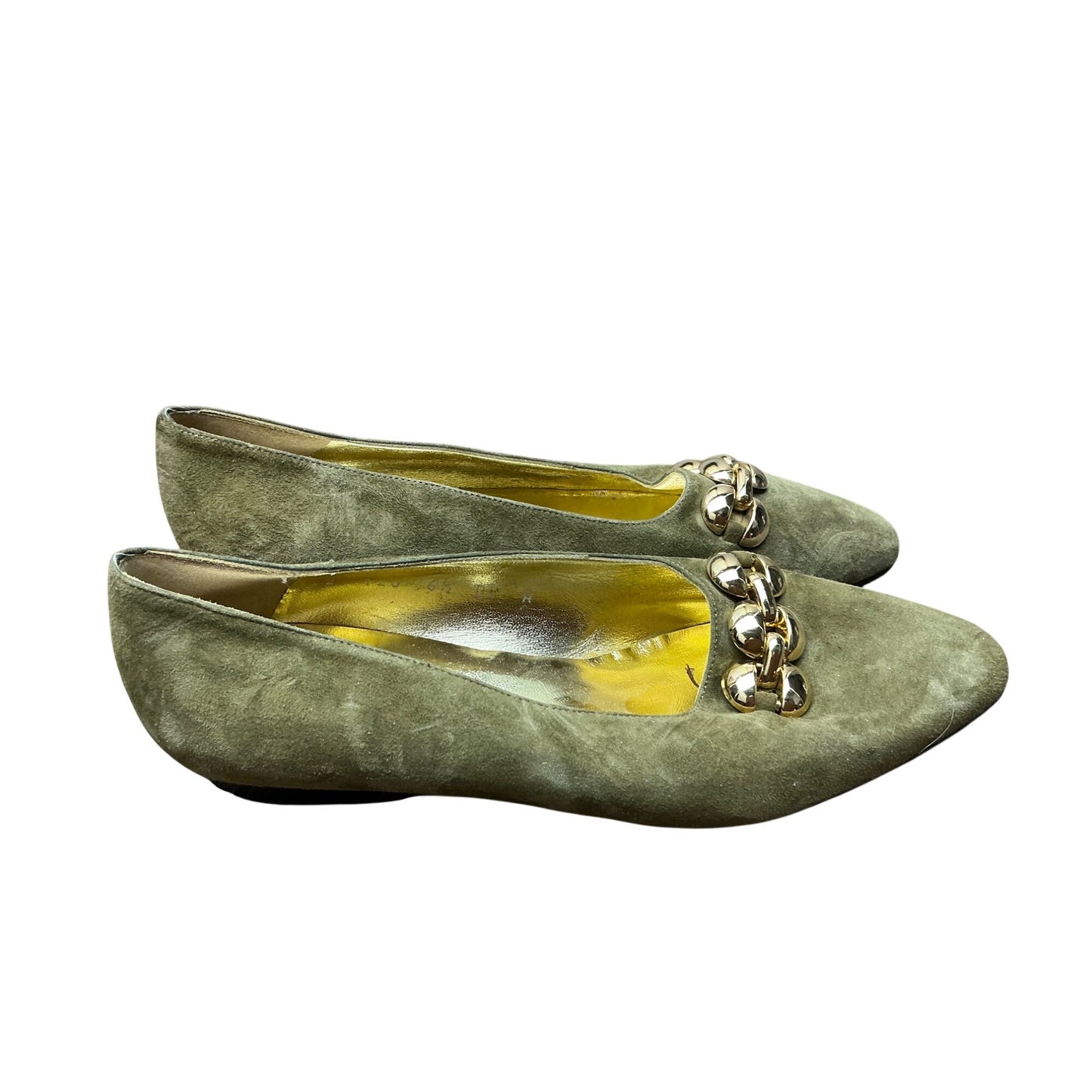 St. John Sage Green Suede Pointed Toe Flats Gold Chain Detail Size 8