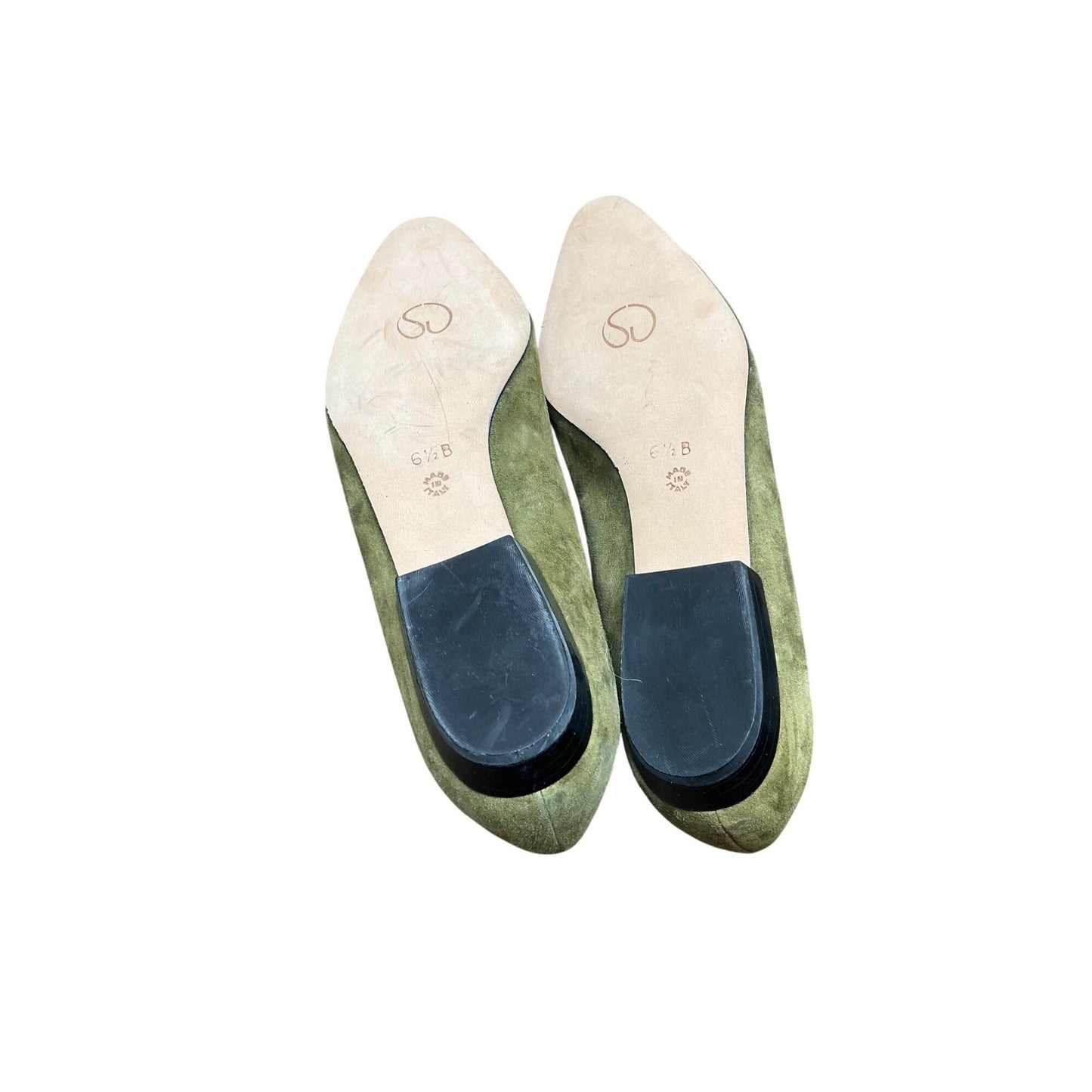 St. John Sage Green Suede Pointed Toe Flats Gold Chain Detail Size 8
