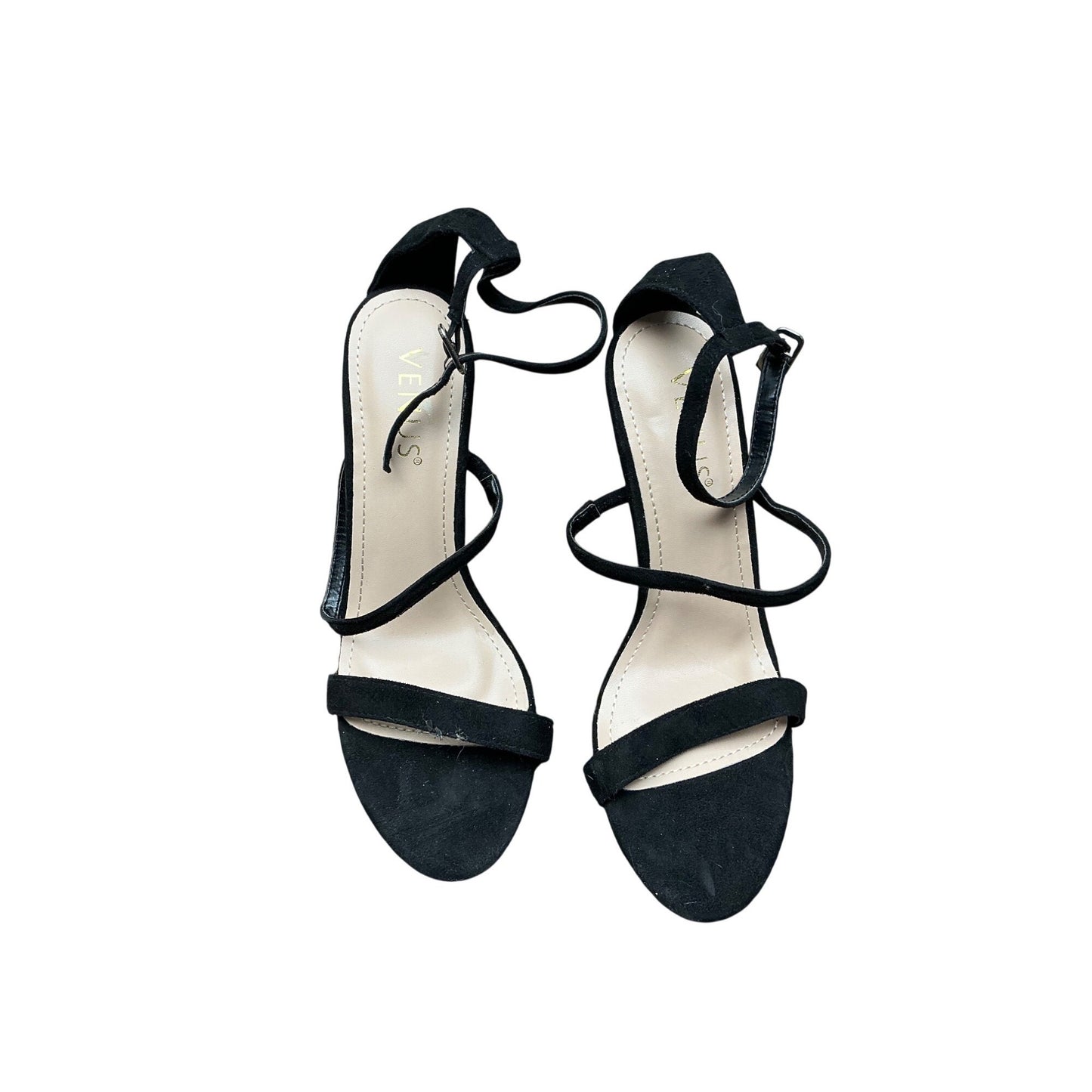 VENUS Black Rhinestone Heel Sandals Ankle Strap Heels Glam Party Shoes Size 7