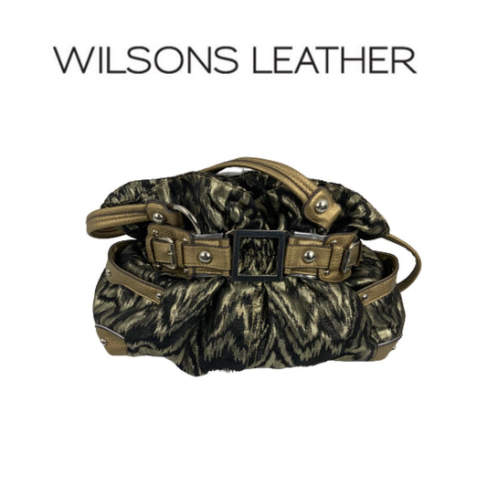 Wilsons Leather Animal Print Ruched Clutch Handbag Brown Black Buckle Accent