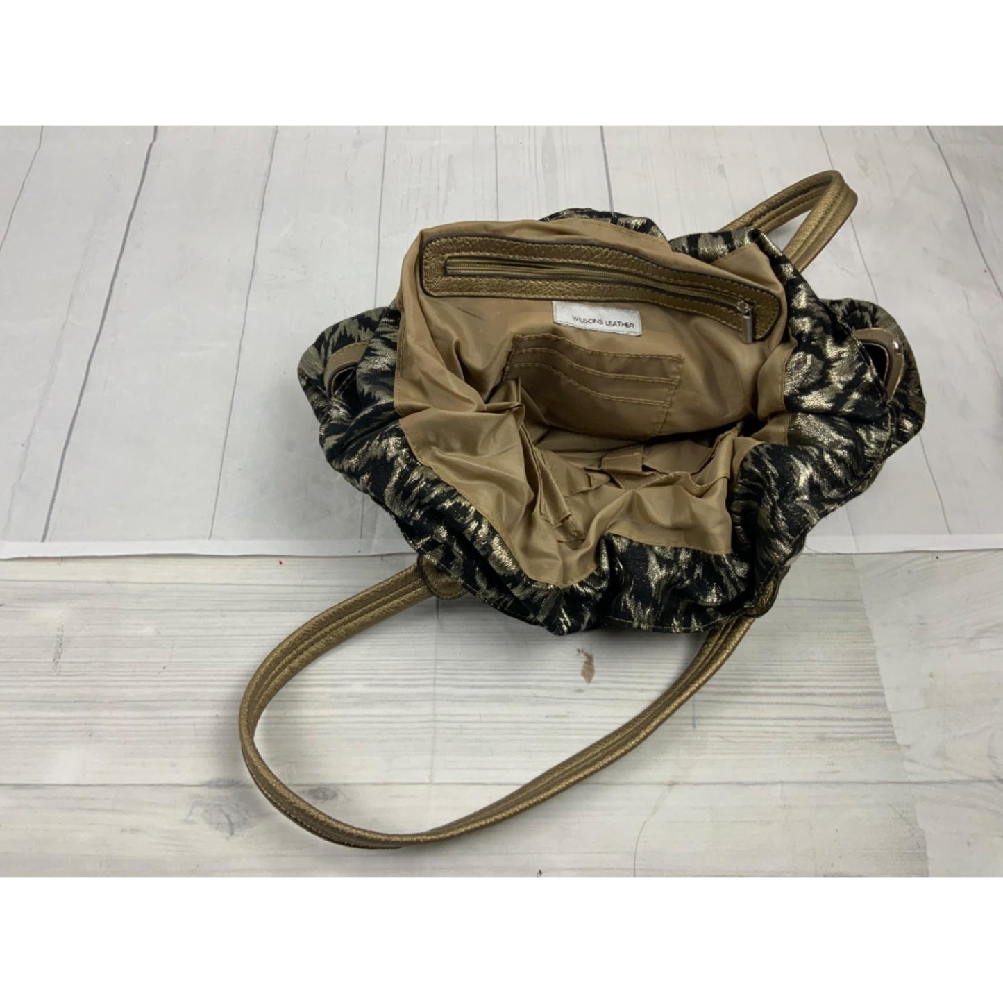 Wilsons Leather Animal Print Ruched Clutch Handbag Brown Black Buckle Accent