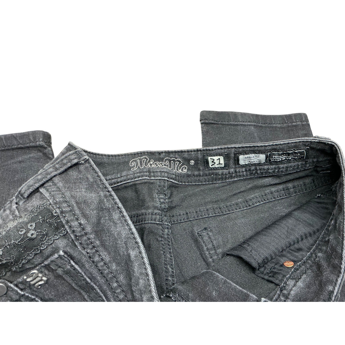Miss Me Women’s Black Charcoal Skinny Jeans Distressed Denim Size 31